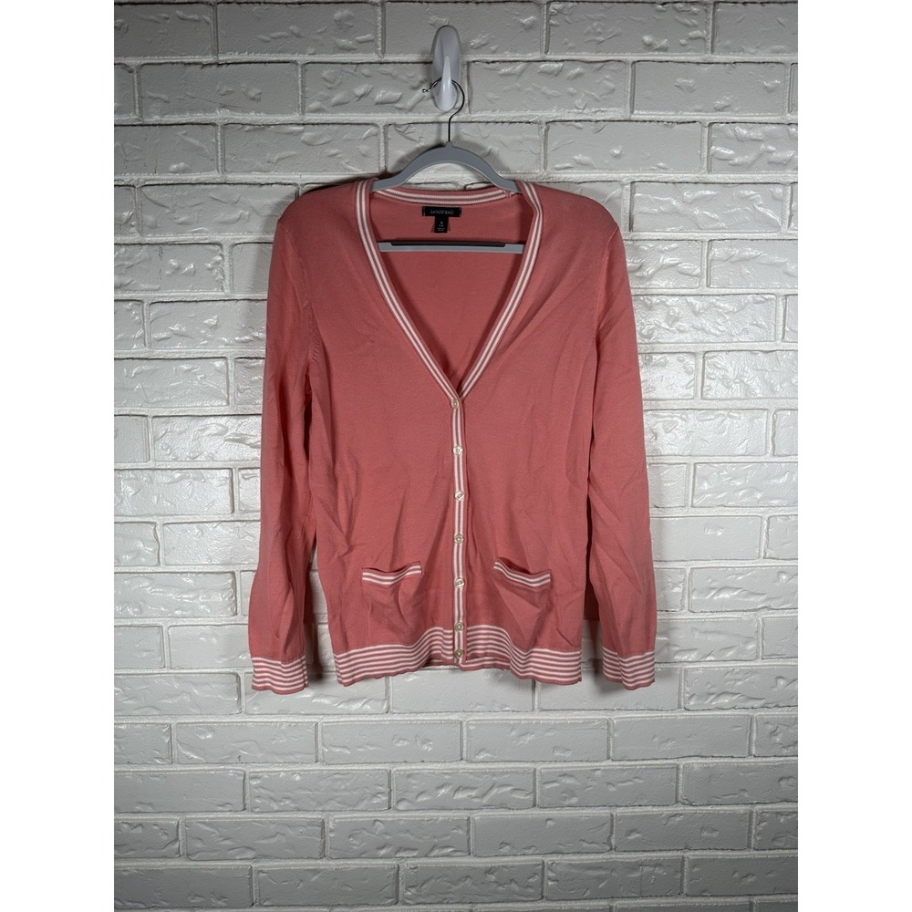 Lands‎ End Womens Small Cardigan Sweater Coral Knit Preppy Coastal